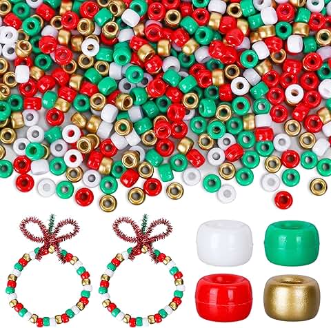 1000 Christmas Pony Beads with 100 Glitter Chenille Stems for DIY Jewelry
