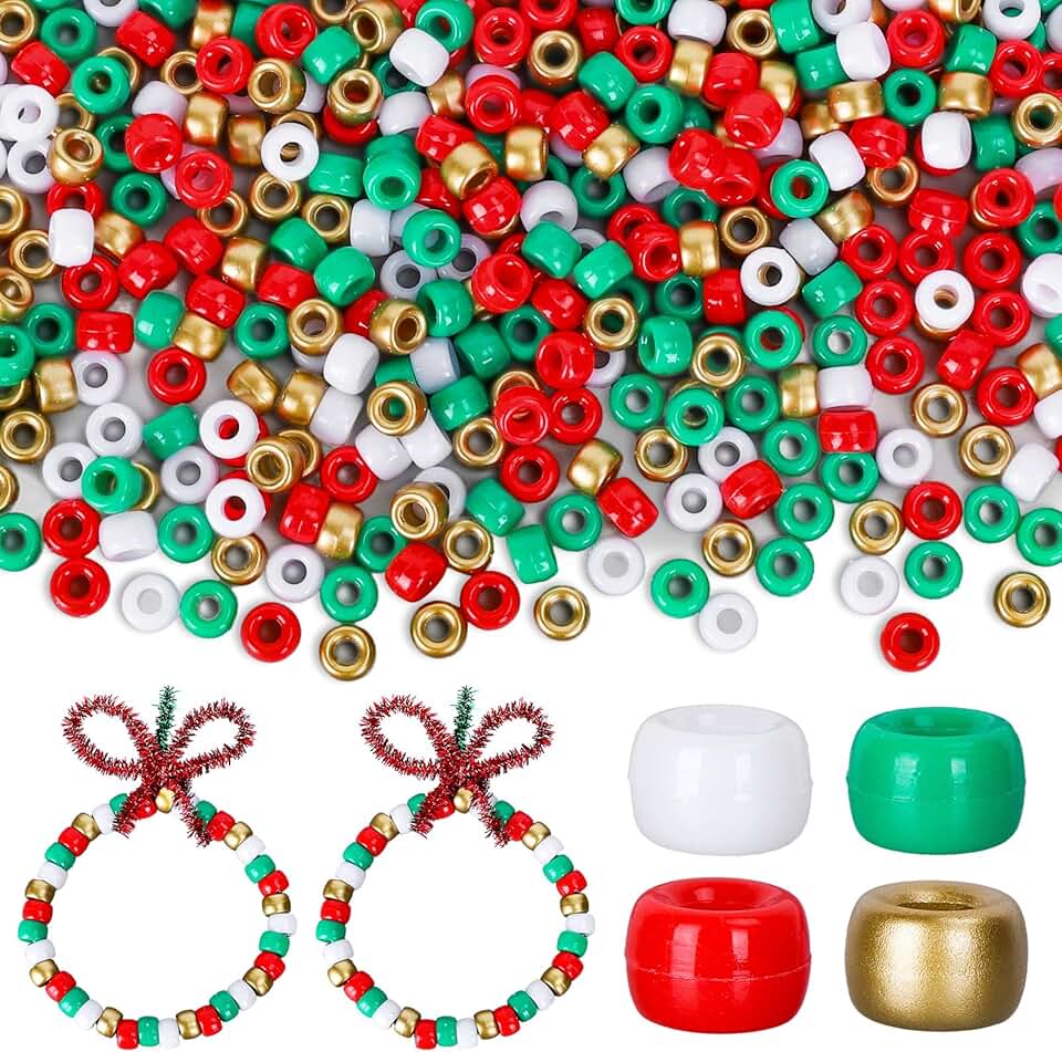 1000 Christmas Pony Beads with 100 Glitter Chenille Stems for DIY Jewelry