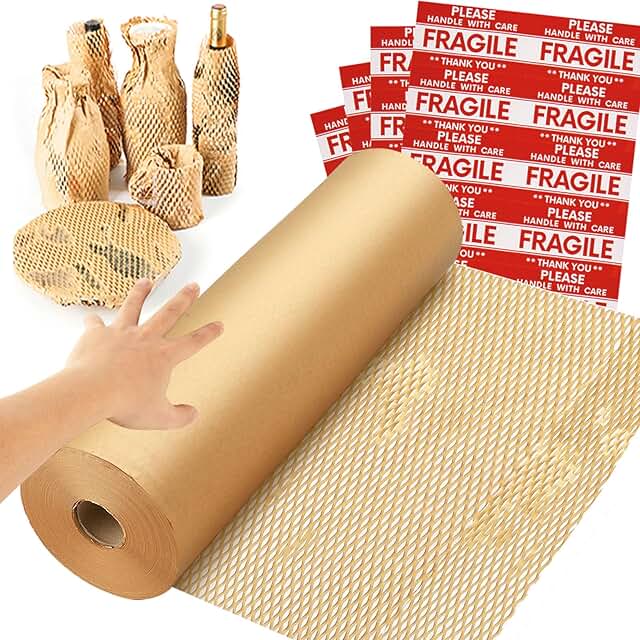 Honeycomb Packing Paper Wrap 15"x328" with Fragile Labels