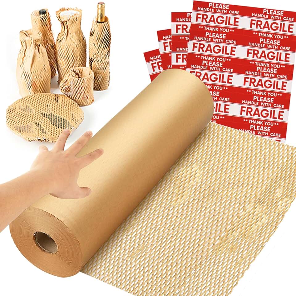 Honeycomb Packing Paper Wrap 15"x328" with Fragile Labels