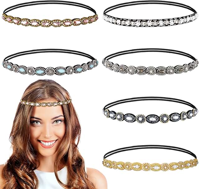 Six Rhinestone Beaded Stretchy Hairbands for Women and Girls
