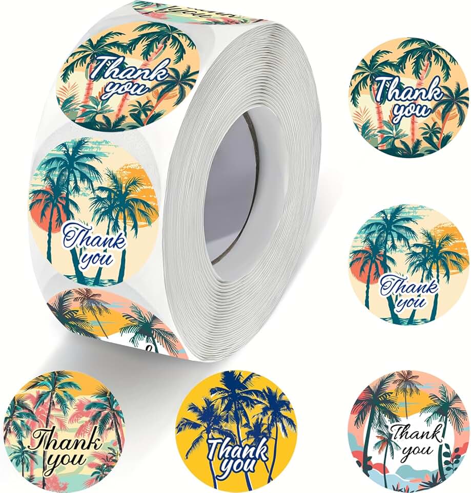 Thank You Waterproof Stickers with Palm Tree Design