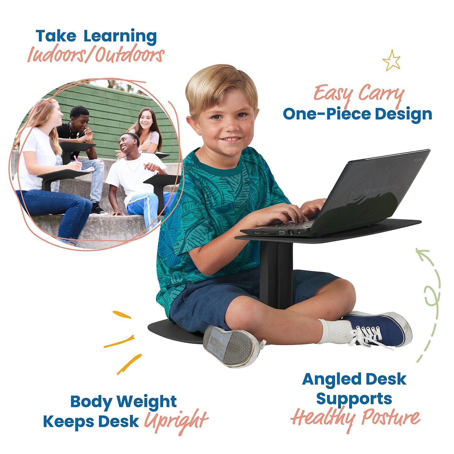 '- ELR-15810-BK The Surf Portable Lap Desk, Flexible Seating for Homeschool and Classrooms, One-Piece Writing Table for Kids, Teens and Adults, GREENGUARD [Gold] , Black