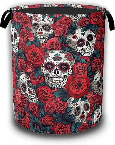 Red Rose Skull Laundry Hamper, Waterproof Oxford Cloth Basket