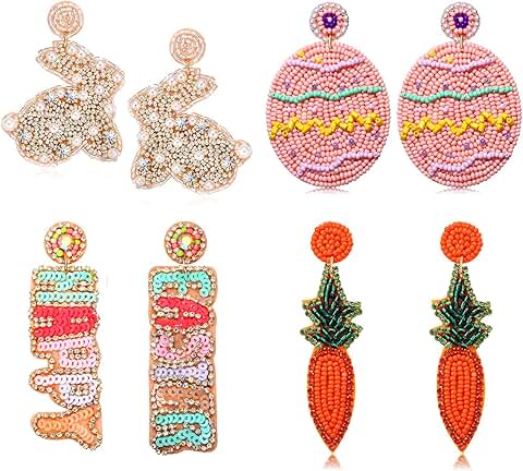 Set of 4 Colorful Bunny and Egg Easter Earrings