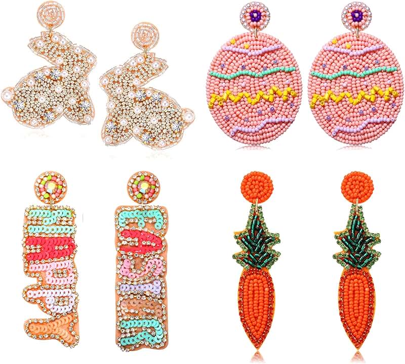 Set of 4 Colorful Bunny and Egg Easter Earrings