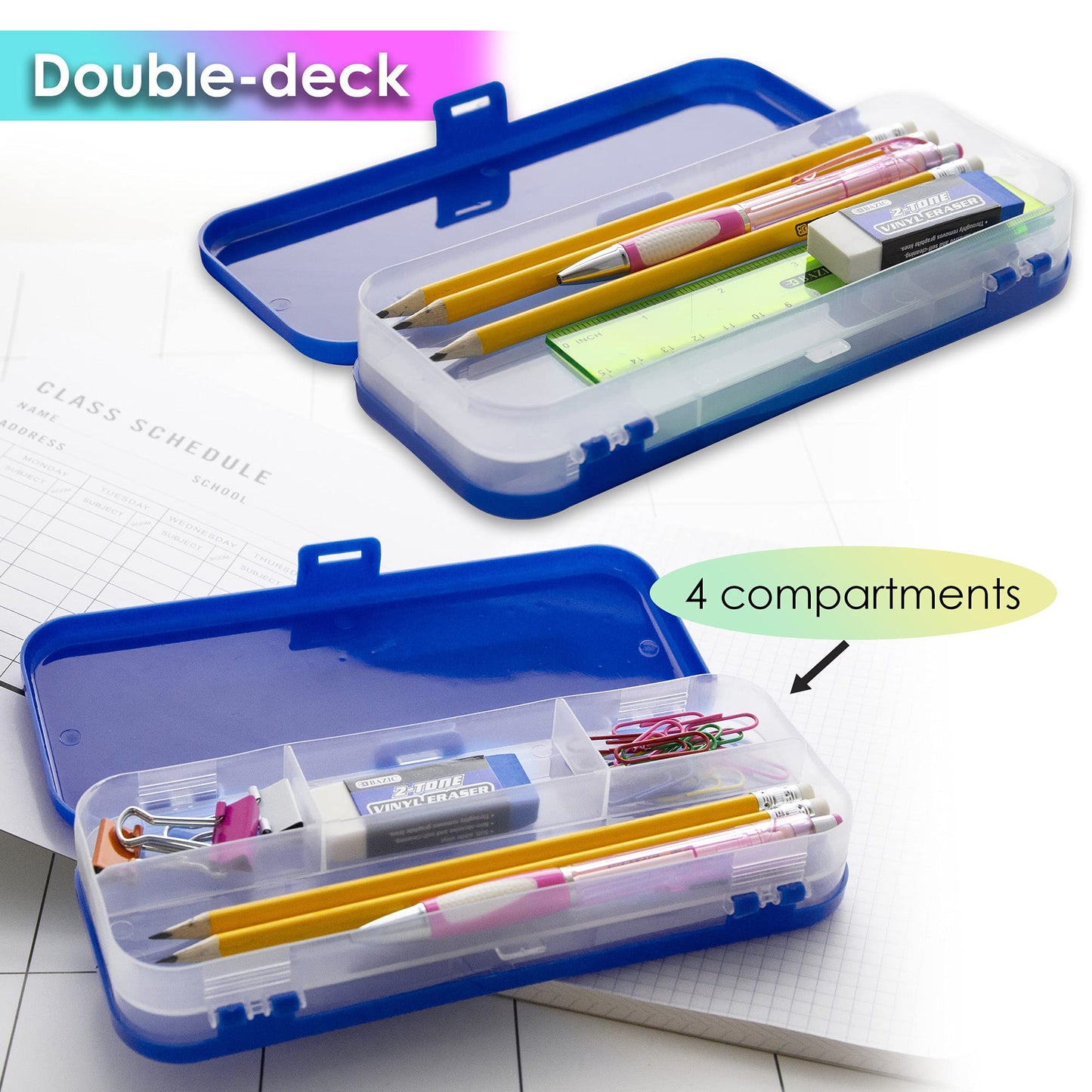 Set of four 8-inch plastic pencil cases in assorted colors