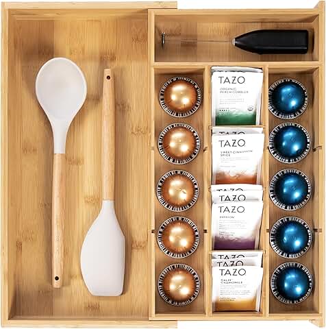 Expandable bamboo tea and coffee pod drawer organizer
