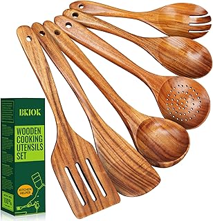 Six-piece natural teak wood cooking spoon set