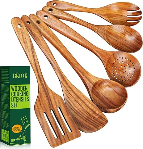 Six-piece natural teak wood cooking spoon set