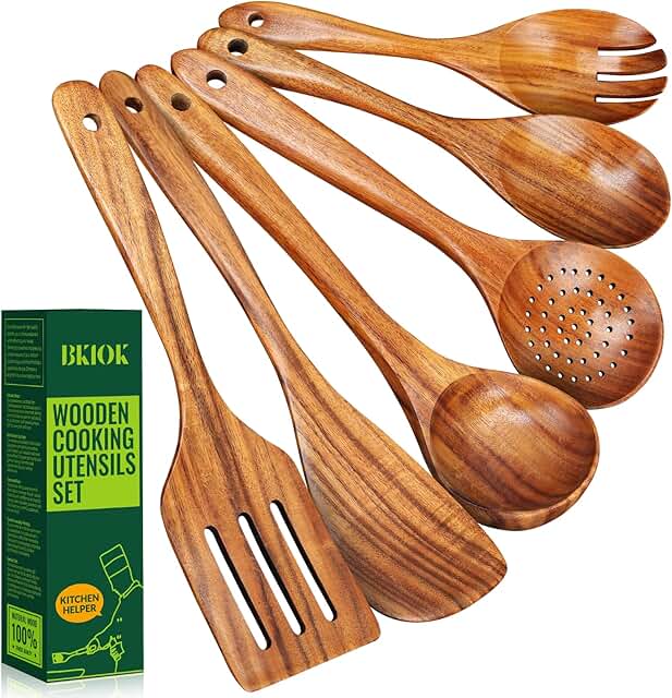 Six-piece natural teak wood cooking spoon set