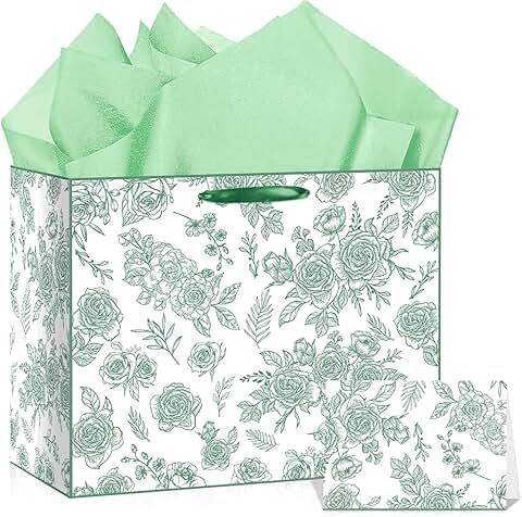 Sage Green Floral Gift Bag with Tissue and Card