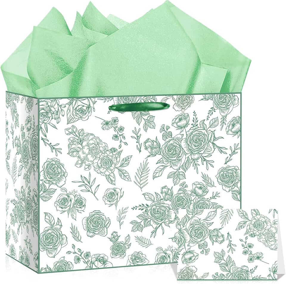 Sage Green Floral Gift Bag with Tissue and Card
