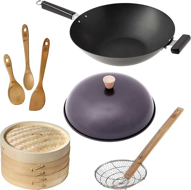 14-Inch Nonstick Wok 5-Piece Set with Lid Steamer and Utensils