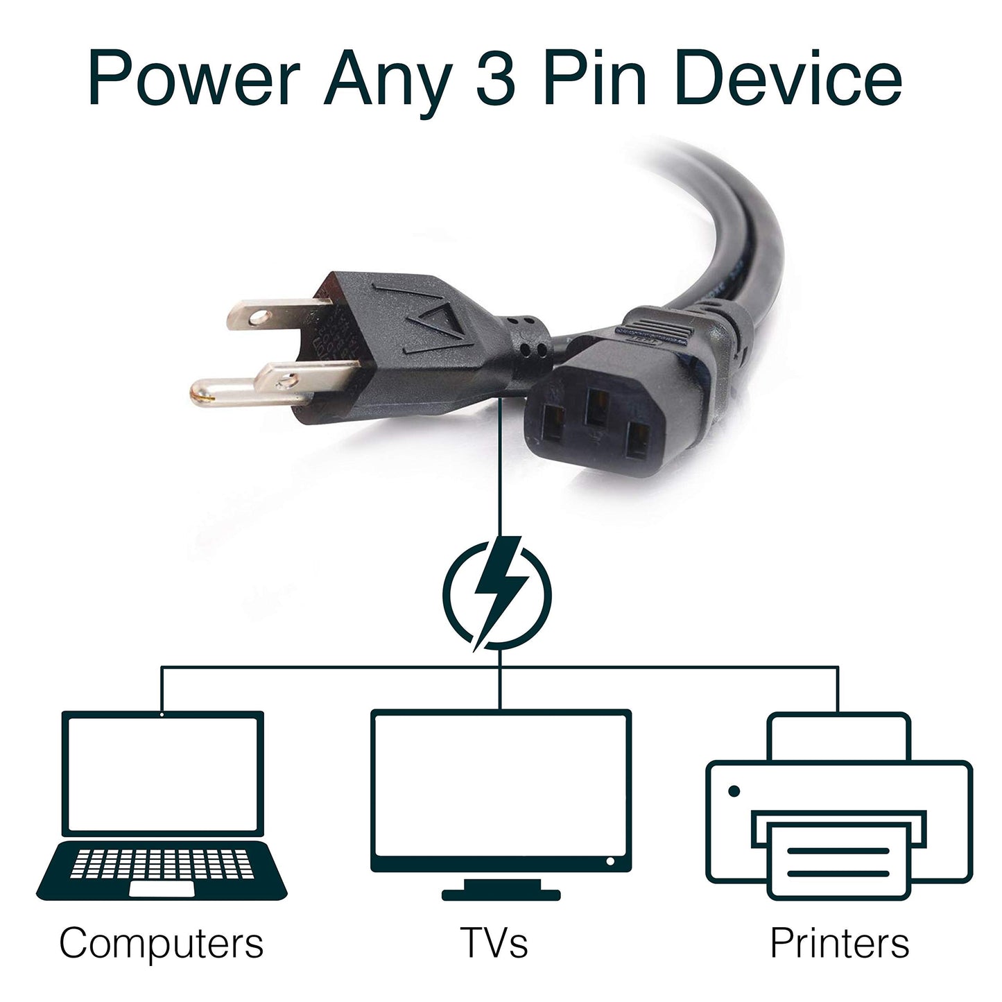 Power Cord, Replacement Power Cable, 3 Pin Connector, For Computers, TVs, Monitors, & More, 18 AWG, Black, 10 Feet (3.04 Meters), Cables to Go 03134