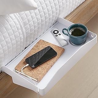 White bedside shelf with cup holder and clip for bed