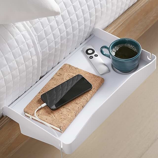 White bedside shelf with cup holder and clip for bed