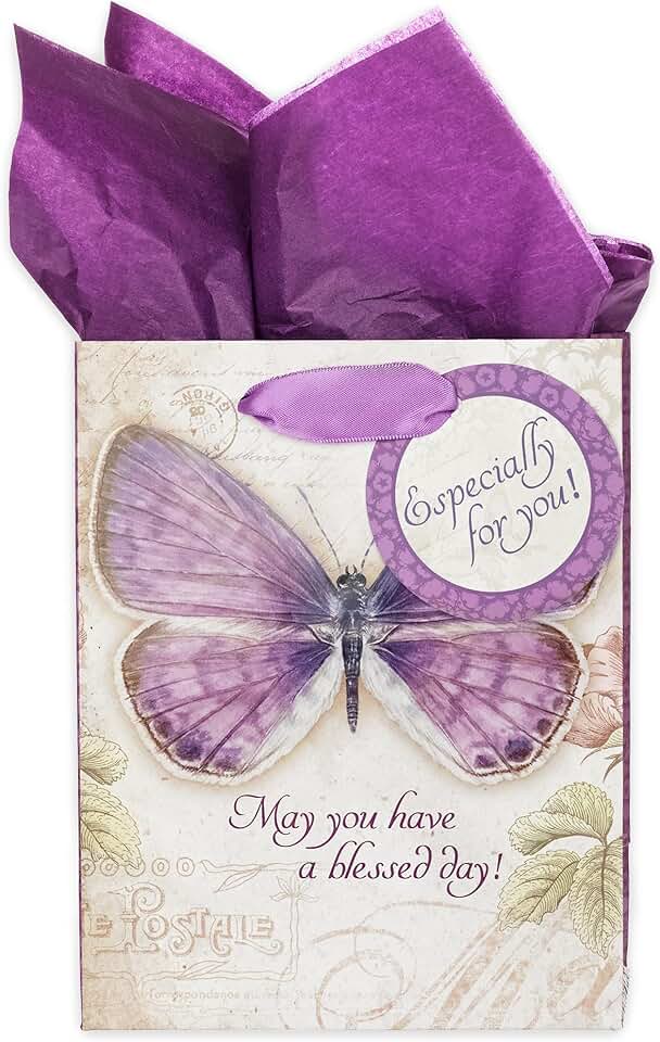 Small purple gift bag with Bible verse and butterfly