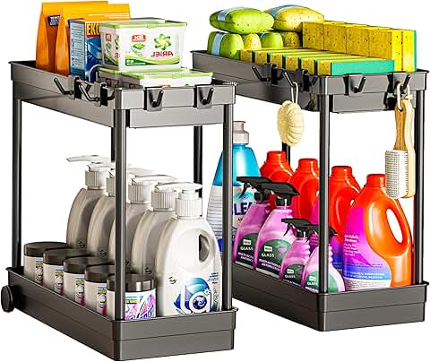 Two Under Sink Storage Baskets with Hooks
