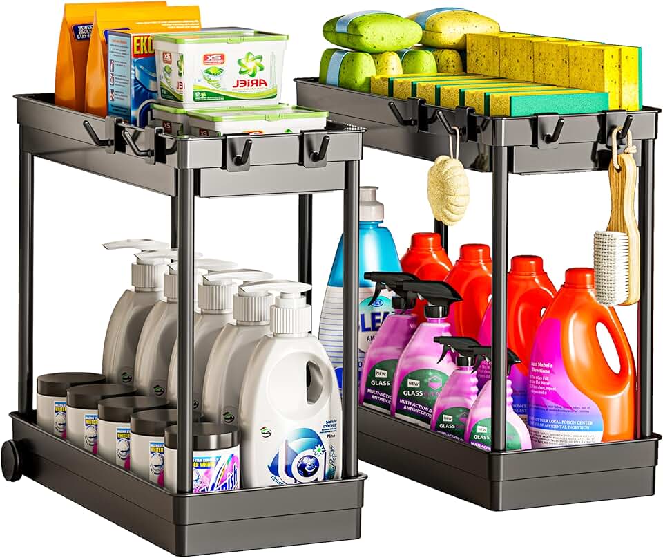 Two Under Sink Storage Baskets with Hooks