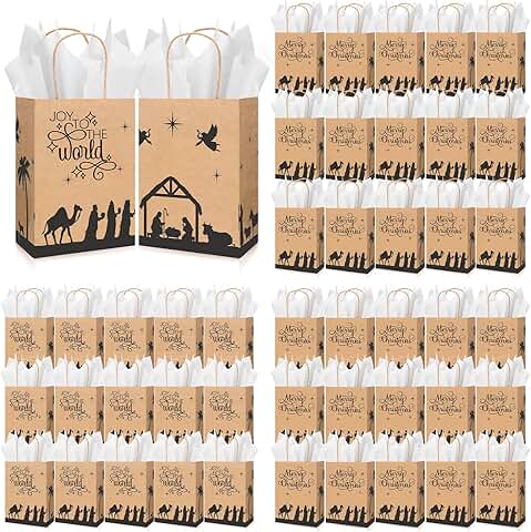 Set of 50 Christmas Nativity Gift Bags with Tissue Paper