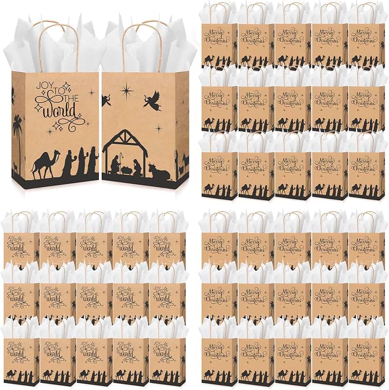 Set of 50 Christmas Nativity Gift Bags with Tissue Paper