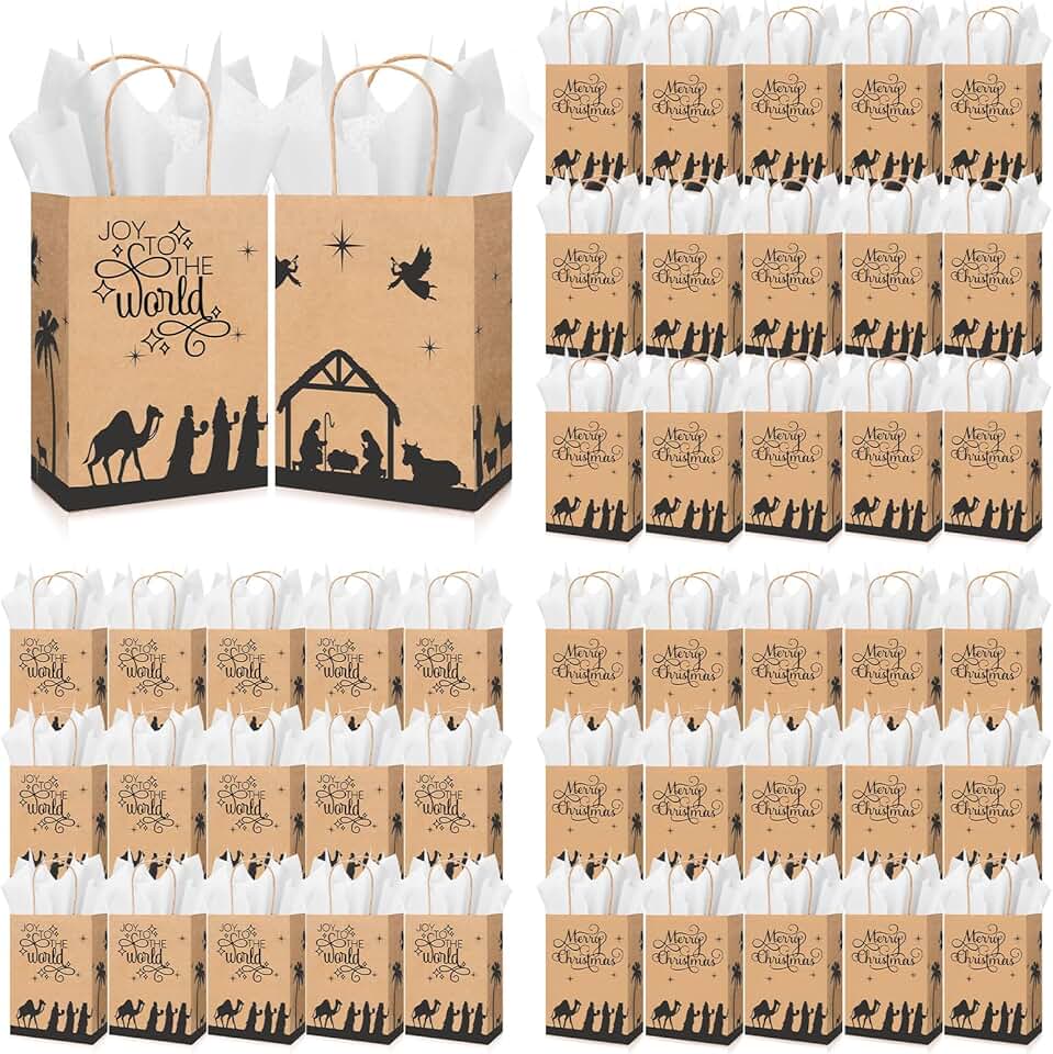 Set of 50 Christmas Nativity Gift Bags with Tissue Paper