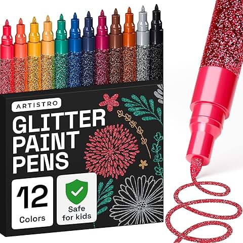 12 Glitter Paint Pens for Glass, Wood, Fabric, and Crafts