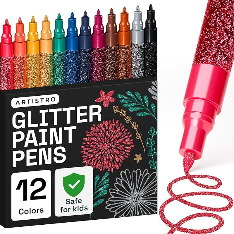 12 Glitter Paint Pens for Glass, Wood, Fabric, and Crafts