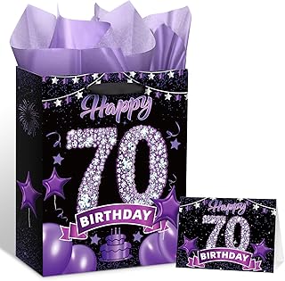Black and purple 70th birthday gift bag with greeting card and tissue