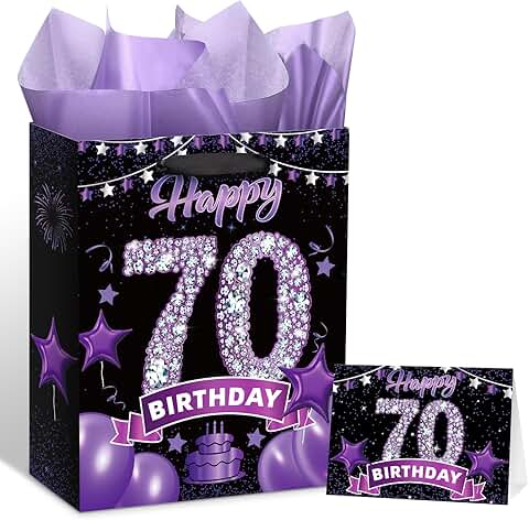 Black and purple 70th birthday gift bag with greeting card and tissue