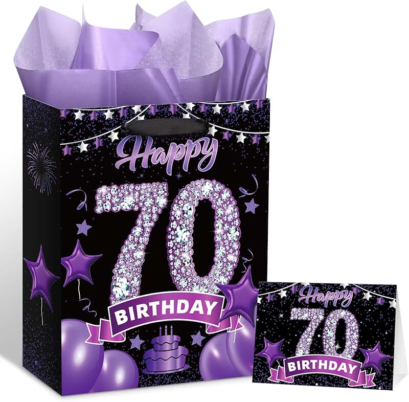 Black and purple 70th birthday gift bag with greeting card and tissue