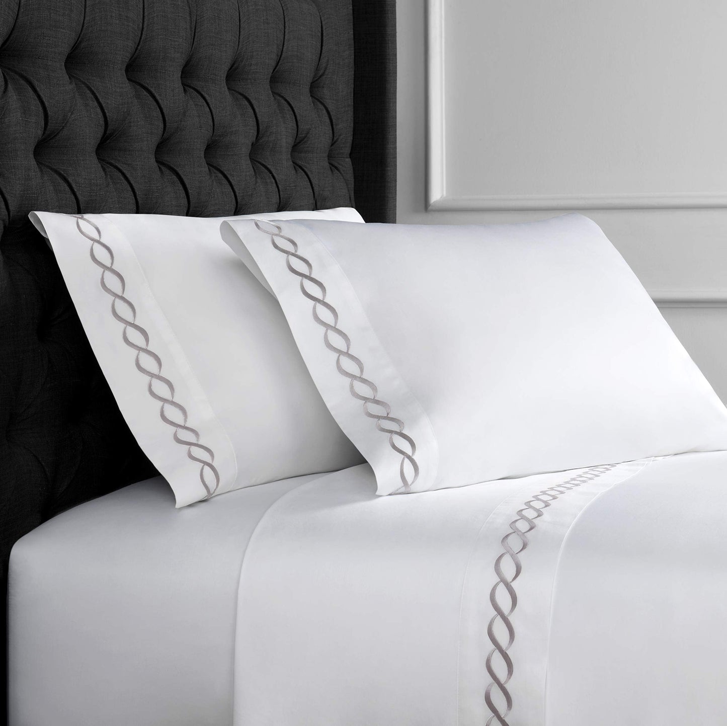 Melange Sateen Cotton Rope Embroidery Stripe Sheet Set, King, Grey on White