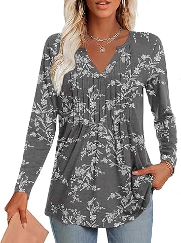 Women's Long Sleeve Fall Tunic Top with V Neck and Pleats