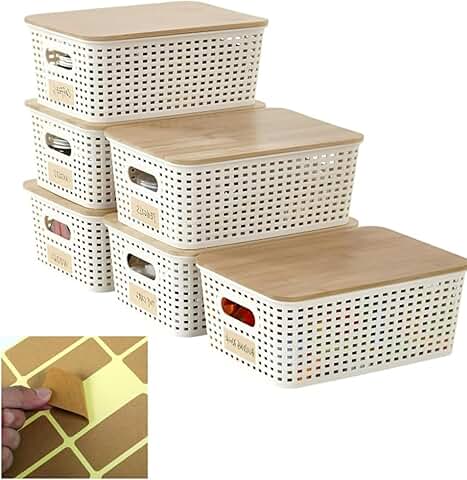 Six white stackable bamboo lid storage containers with labels