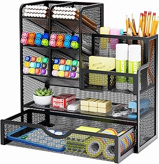 Mesh Pen Holder with Drawer for Desk Organization