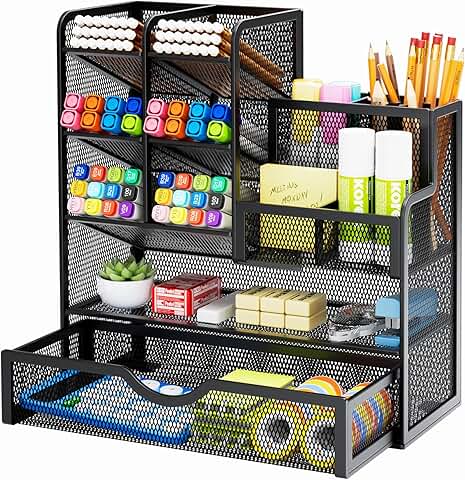 Mesh Pen Holder with Drawer for Desk Organization