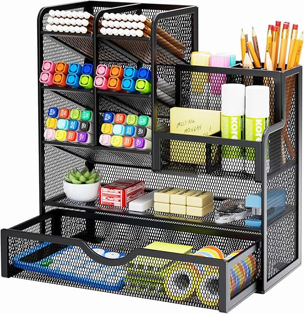 Mesh Pen Holder with Drawer for Desk Organization