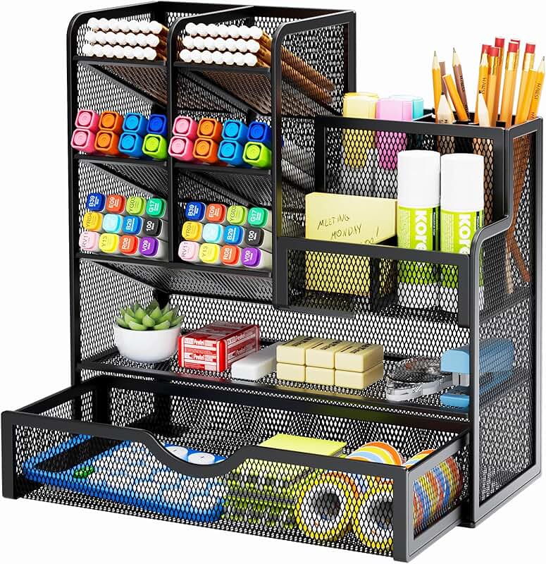 Mesh Pen Holder with Drawer for Desk Organization