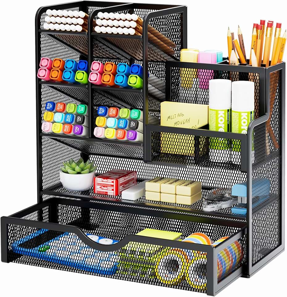 Mesh Pen Holder with Drawer for Desk Organization
