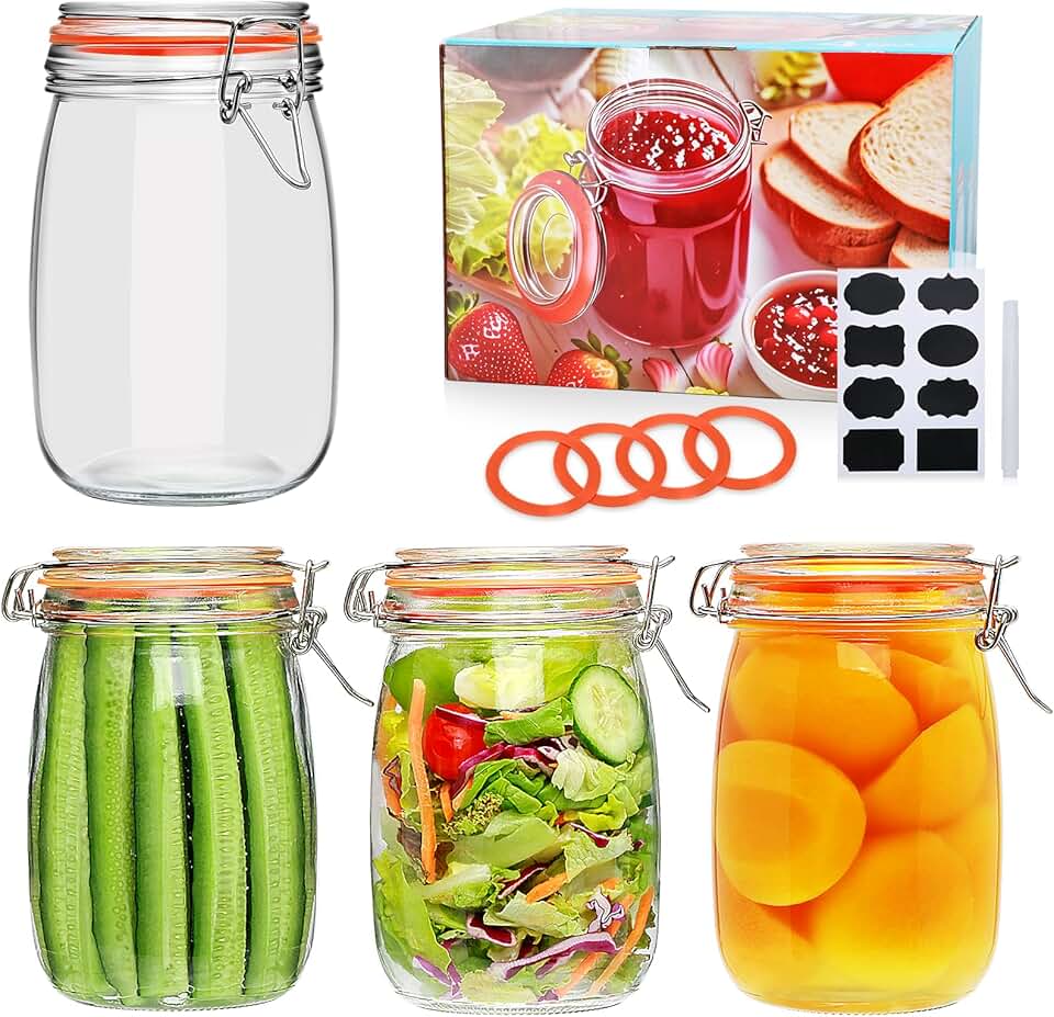 Set of 4 32 oz Wide Mouth Mason Jars with Airtight Lids