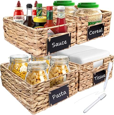 Set of 4 Hand-Woven Wicker Storage Baskets with Labels