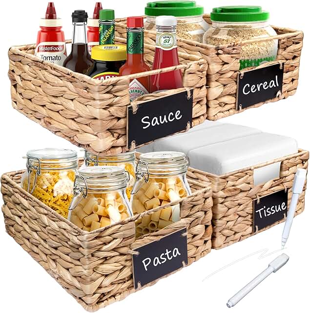 Set of 4 Hand-Woven Wicker Storage Baskets with Labels