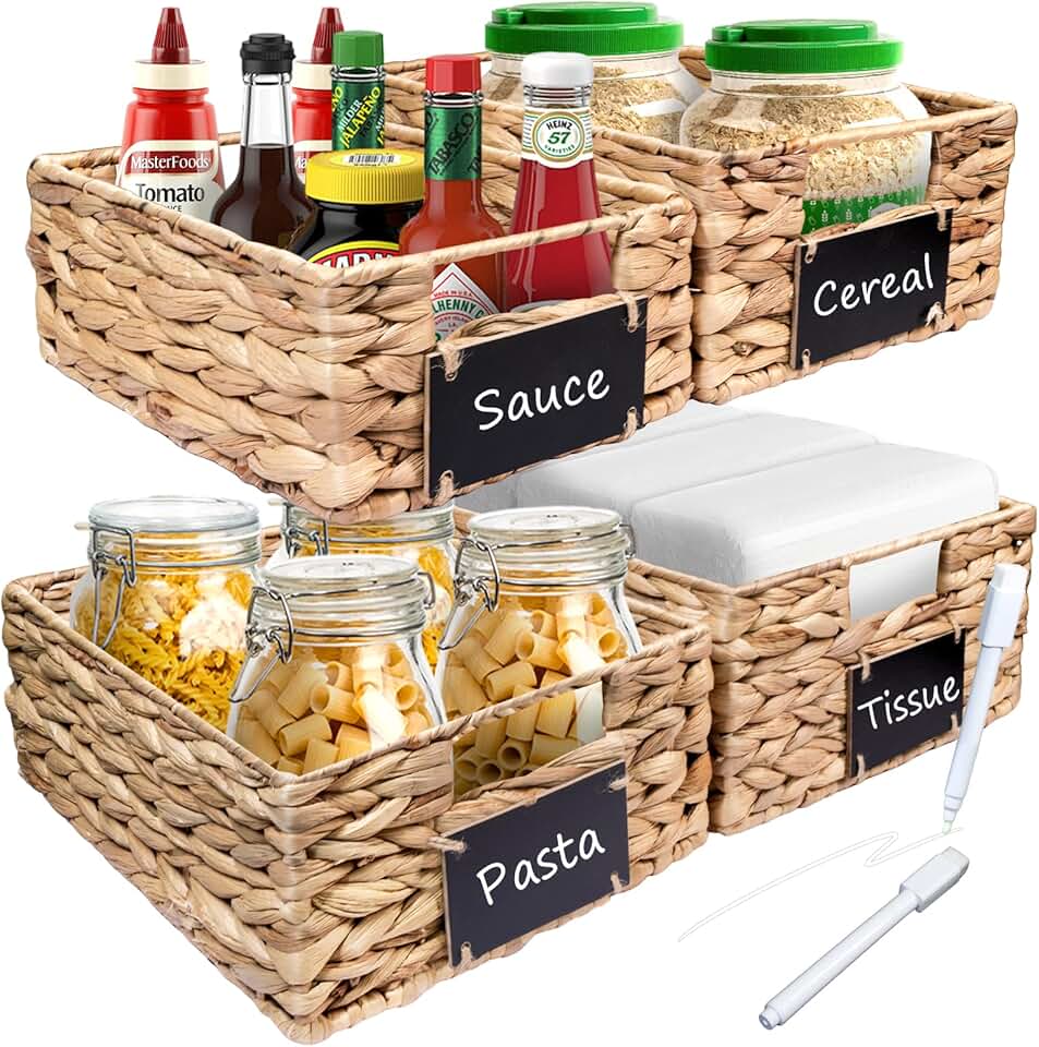 Set of 4 Hand-Woven Wicker Storage Baskets with Labels