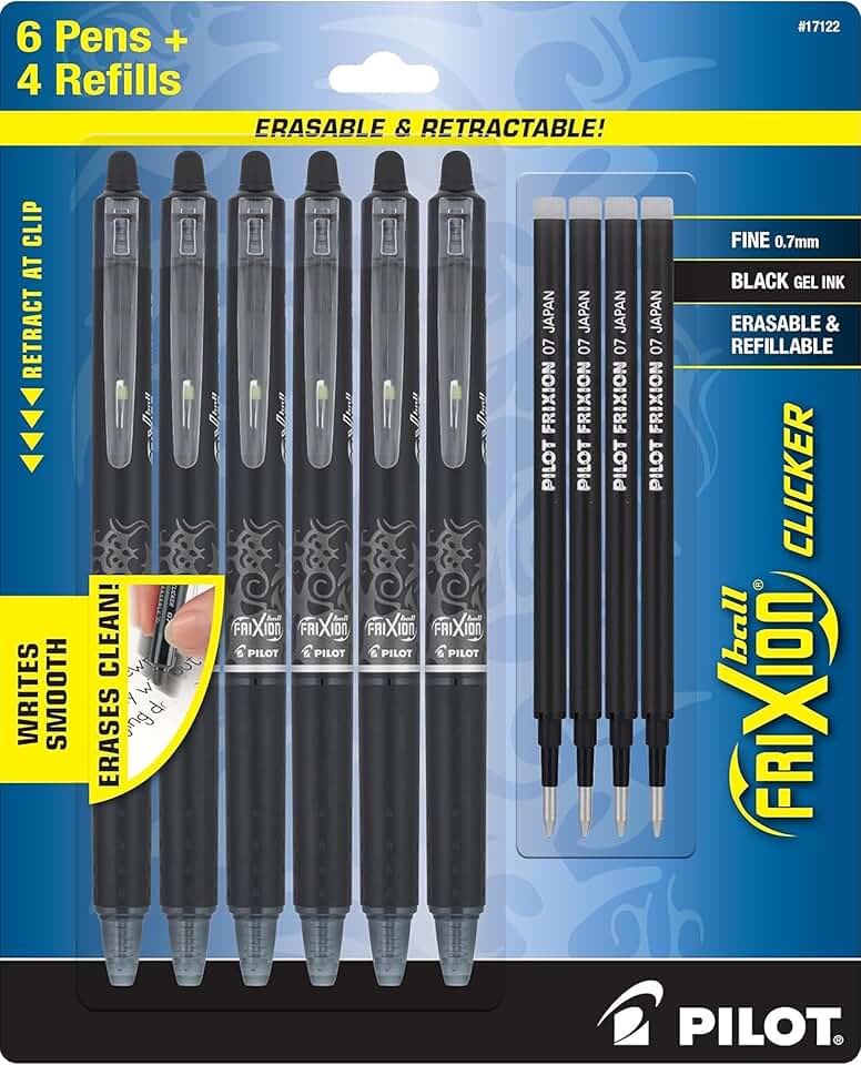 Pack of 6 Erasable Fine Point Black Pens with 4 Bonus Refills