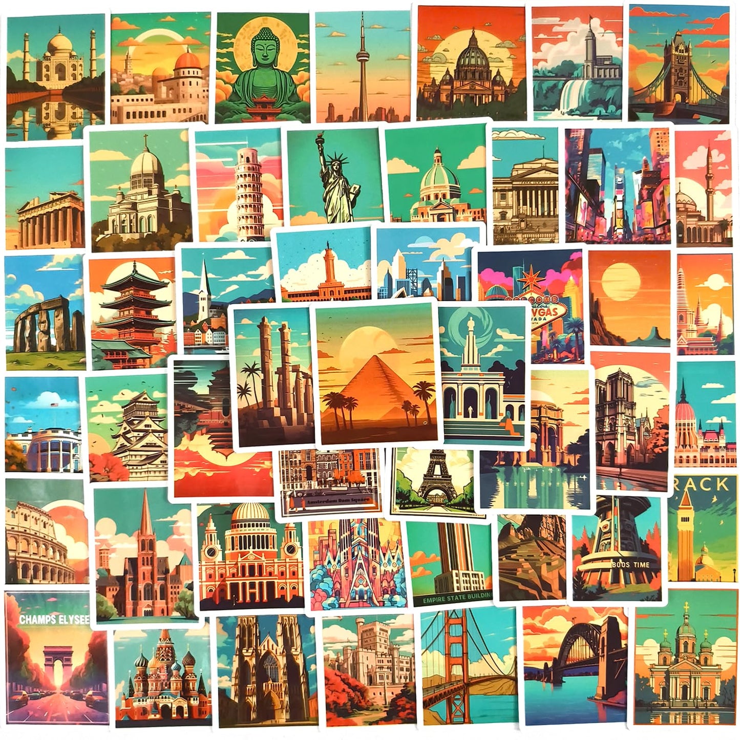 50 Waterproof City Landmark Stickers for Luggage and More