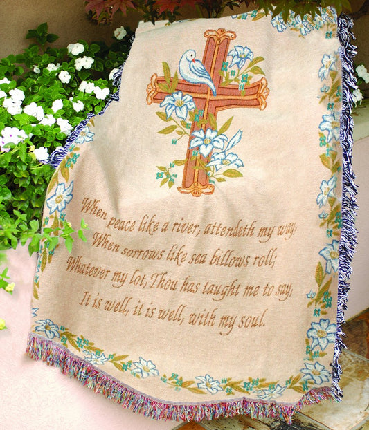 Manual Inspirational Tapestry Throw with Verse, It Is Well With, 50 X 60-Inch