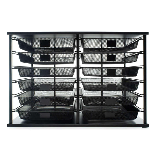 Metal and mesh desk organizer with 12 trays in black