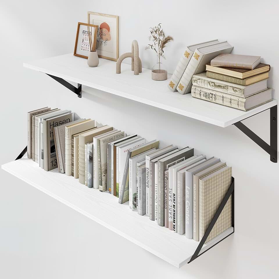 White Deep Floating Wall Shelves, Set of 2