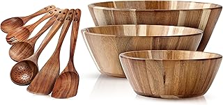 Set of 6 wooden cooking spoons and 3 salad bowls